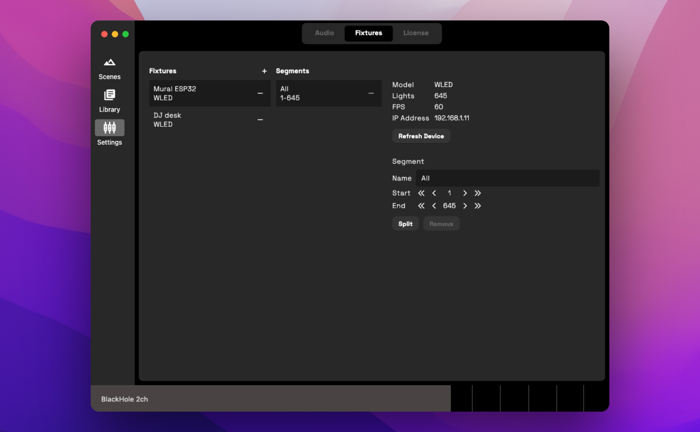 Screenshot of fixture settings.